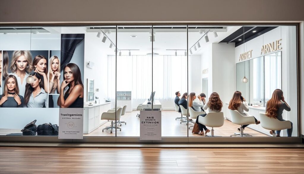 A brightly lit, modern hair extension salon in Warsaw, Poland. The storefront features large windows showcasing the salon's services, with stylish hairstyles and lush, vibrant hair extensions on display. The interior is minimalist and chic, with white walls, sleek wooden floors, and contemporary light fixtures. Clients sit in comfortable chairs as skilled technicians carefully apply high-quality hair extensions, creating lush, voluminous hairstyles. The atmosphere is calm and professional, with a focus on personalized attention and exceptional results. A discreet sign in the window advertises the salon's expertise in hair extensions, inviting passersby to step inside and transform their look. A brightly lit, modern hair extension salon in Warsaw, Poland. The storefront features large windows showcasing the salon's services, with stylish hairstyles and lush, vibrant hair extensions on display. The interior is minimalist and chic, with white walls, sleek wooden floors, and contemporary light fixtures. Clients sit in comfortable chairs as skilled technicians carefully apply high-quality hair extensions, creating lush, voluminous hairstyles. The atmosphere is calm and professional, with a focus on personalized attention and exceptional results. A discreet sign in the window advertises the salon's expertise in hair extensions, inviting passersby to step inside and transform their look.