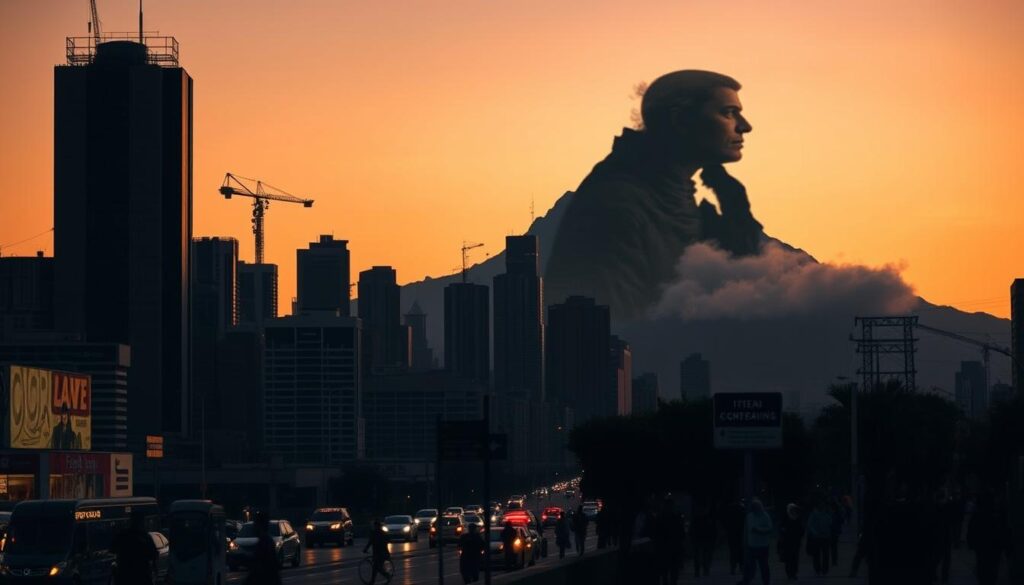 A bustling city skyline at dusk, the silhouettes of skyscrapers and cranes casting long shadows. In the foreground, a harried office worker rushing home, their face etched with the strain of a high-pressure lifestyle. The middle ground features a crowded city street, people hurrying along the sidewalks, the air thick with the hum of traffic and the scent of fast food. In the background, a towering mountain range, its peaks shrouded in swirling mist, symbolizing the looming presence of stress and the need to find balance. The lighting is dramatic, creating a chiaroscuro effect that heightens the sense of tension and unease. The overall composition conveys the challenges of modern life and the impact of stressful factors on the aging process. A bustling city skyline at dusk, the silhouettes of skyscrapers and cranes casting long shadows. In the foreground, a harried office worker rushing home, their face etched with the strain of a high-pressure lifestyle. The middle ground features a crowded city street, people hurrying along the sidewalks, the air thick with the hum of traffic and the scent of fast food. In the background, a towering mountain range, its peaks shrouded in swirling mist, symbolizing the looming presence of stress and the need to find balance. The lighting is dramatic, creating a chiaroscuro effect that heightens the sense of tension and unease. The overall composition conveys the challenges of modern life and the impact of stressful factors on the aging process.