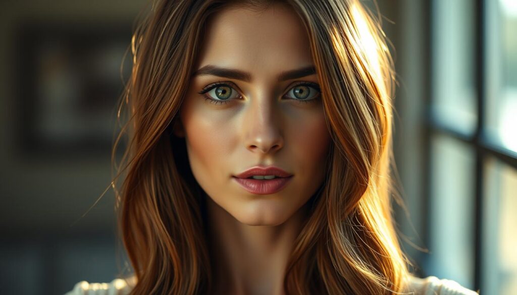 A captivating portrait of a woman with warm, chestnut-brown hair illuminated by soft, golden light. Her deep, hazel eyes gaze directly at the viewer, radiating an alluring and confident presence. The image is framed in a clean, modern style, with the subject's face and shoulders filling the frame. The lighting is subtle and flattering, accentuating the natural beauty of her features and complexion. The background is blurred, creating a sense of depth and focus on the subject. The overall mood is one of understated elegance and timeless charm, perfectly capturing the essence of the section title "Najlepsze odcienie brązu dla piwnookich". A captivating portrait of a woman with warm, chestnut-brown hair illuminated by soft, golden light. Her deep, hazel eyes gaze directly at the viewer, radiating an alluring and confident presence. The image is framed in a clean, modern style, with the subject's face and shoulders filling the frame. The lighting is subtle and flattering, accentuating the natural beauty of her features and complexion. The background is blurred, creating a sense of depth and focus on the subject. The overall mood is one of understated elegance and timeless charm, perfectly capturing the essence of the section title "Najlepsze odcienie brązu dla piwnookich".