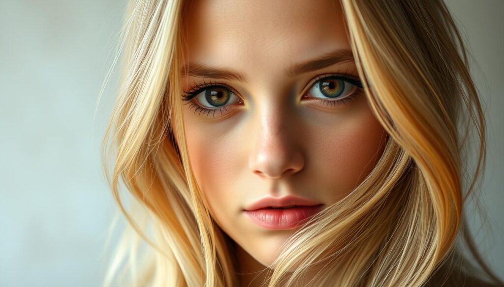 A captivating portrait of a young woman with striking blond hair and warm hazel eyes. Her face is illuminated by soft, natural lighting, creating a delicate, ethereal quality. The focus is drawn to her mesmerizing gaze, framed by golden locks that cascade effortlessly around her features. The background is slightly blurred, allowing the viewer to concentrate on the alluring interplay between the woman's blond tresses and her enchanting pensive expression. This scene exudes a sense of serene beauty and quiet contemplation, perfectly capturing the essence of the subject "blond włosy przy piwnych oczach". A captivating portrait of a young woman with striking blond hair and warm hazel eyes. Her face is illuminated by soft, natural lighting, creating a delicate, ethereal quality. The focus is drawn to her mesmerizing gaze, framed by golden locks that cascade effortlessly around her features. The background is slightly blurred, allowing the viewer to concentrate on the alluring interplay between the woman's blond tresses and her enchanting pensive expression. This scene exudes a sense of serene beauty and quiet contemplation, perfectly capturing the essence of the subject "blond włosy przy piwnych oczach".