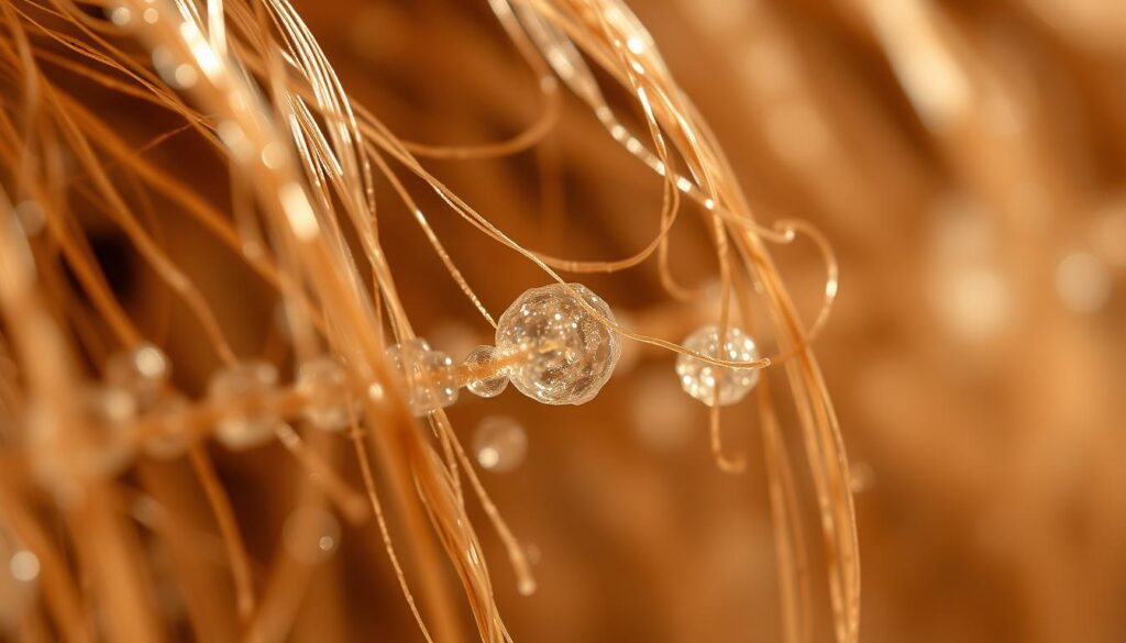 A close-up image of human hair strands, showcasing their intricate porous structure. The hair appears magnified, revealing the individual cuticles and the internal cortex with its intricate network of air pockets and channels. Lit from the side, the hair strands cast delicate shadows, highlighting the varied textures and the translucent, almost crystalline quality of the porous regions. The background is blurred, placing the focus entirely on the captivating details of the high-porosity hair. Captured with a macro lens, the image conveys a sense of scientific curiosity and an appreciation for the natural beauty found in the microscopic world of human hair. A close-up image of human hair strands, showcasing their intricate porous structure. The hair appears magnified, revealing the individual cuticles and the internal cortex with its intricate network of air pockets and channels. Lit from the side, the hair strands cast delicate shadows, highlighting the varied textures and the translucent, almost crystalline quality of the porous regions. The background is blurred, placing the focus entirely on the captivating details of the high-porosity hair. Captured with a macro lens, the image conveys a sense of scientific curiosity and an appreciation for the natural beauty found in the microscopic world of human hair.