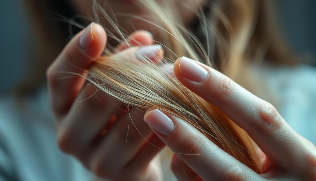 A close-up of a woman's hands gently parting strands of her hair, revealing the hair's intricate structure and texture. The lighting is soft and diffused, accentuating the delicate fibers and highlighting their varying degrees of porosity. The background is blurred, maintaining the focus on the hair examination process. The image conveys a sense of curiosity and scientific exploration, inviting the viewer to examine the hair's unique characteristics. A close-up of a woman's hands gently parting strands of her hair, revealing the hair's intricate structure and texture. The lighting is soft and diffused, accentuating the delicate fibers and highlighting their varying degrees of porosity. The background is blurred, maintaining the focus on the hair examination process. The image conveys a sense of curiosity and scientific exploration, inviting the viewer to examine the hair's unique characteristics.