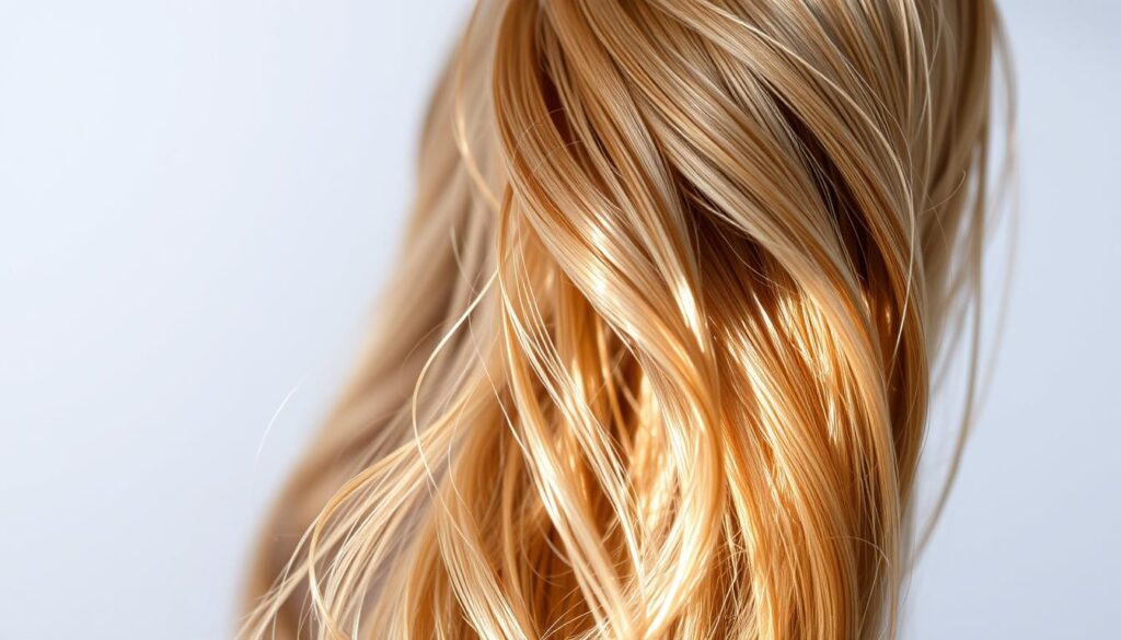 A close-up photograph of a bundle of medium-porosity human hair strands, showcasing their delicate, slightly wavy texture and neutral brown color. The hair is well-lit from the side, casting subtle shadows that accentuate the individual fibers' structure and volume. The background is blurred, allowing the hair to be the focal point, with a soft, diffused lighting creating a natural, serene atmosphere. The image captures the essence of "włosy średnioporowate" - hair that is neither too coarse nor too fine, striking a balance between manageability and versatility. A close-up photograph of a bundle of medium-porosity human hair strands, showcasing their delicate, slightly wavy texture and neutral brown color. The hair is well-lit from the side, casting subtle shadows that accentuate the individual fibers' structure and volume. The background is blurred, allowing the hair to be the focal point, with a soft, diffused lighting creating a natural, serene atmosphere. The image captures the essence of "włosy średnioporowate" - hair that is neither too coarse nor too fine, striking a balance between manageability and versatility.