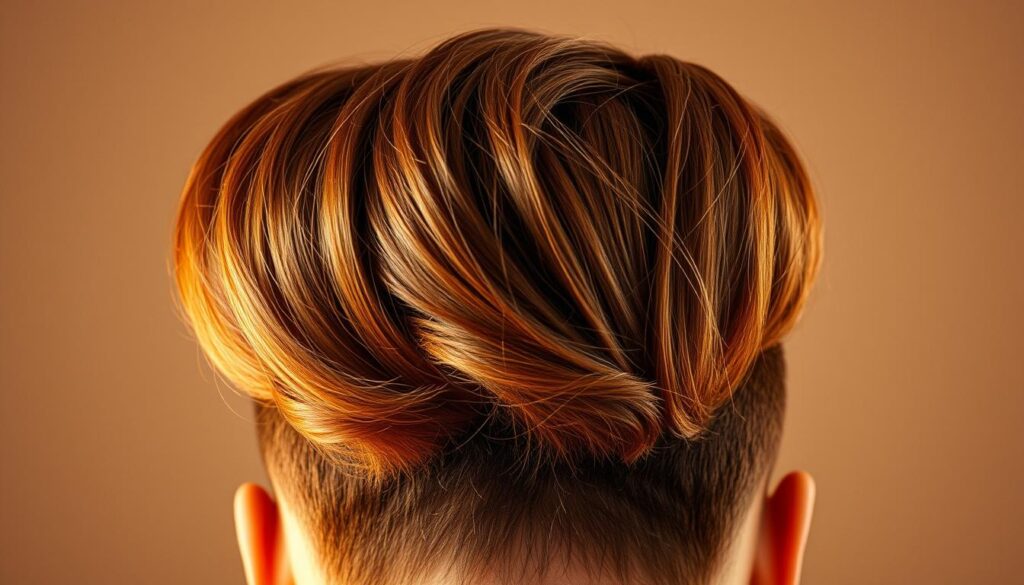 A close-up photograph of the base of voluminous, textured hair in a flattering lighting setup. The hair should appear full, lifted, and styled with an intentional, salon-quality look. Use warm, soft lighting from above to create depth and dimension, casting gentle shadows that accentuate the hair's structure and movement. Capture the hair in a three-quarter profile view to showcase the elevation at the roots. The background should be a simple, neutral tone that doesn't distract from the focal point of the hairstyle. Overall, the image should convey a sense of healthy, vibrant hair with optimal volume and lift at the scalp. A close-up photograph of the base of voluminous, textured hair in a flattering lighting setup. The hair should appear full, lifted, and styled with an intentional, salon-quality look. Use warm, soft lighting from above to create depth and dimension, casting gentle shadows that accentuate the hair's structure and movement. Capture the hair in a three-quarter profile view to showcase the elevation at the roots. The background should be a simple, neutral tone that doesn't distract from the focal point of the hairstyle. Overall, the image should convey a sense of healthy, vibrant hair with optimal volume and lift at the scalp.