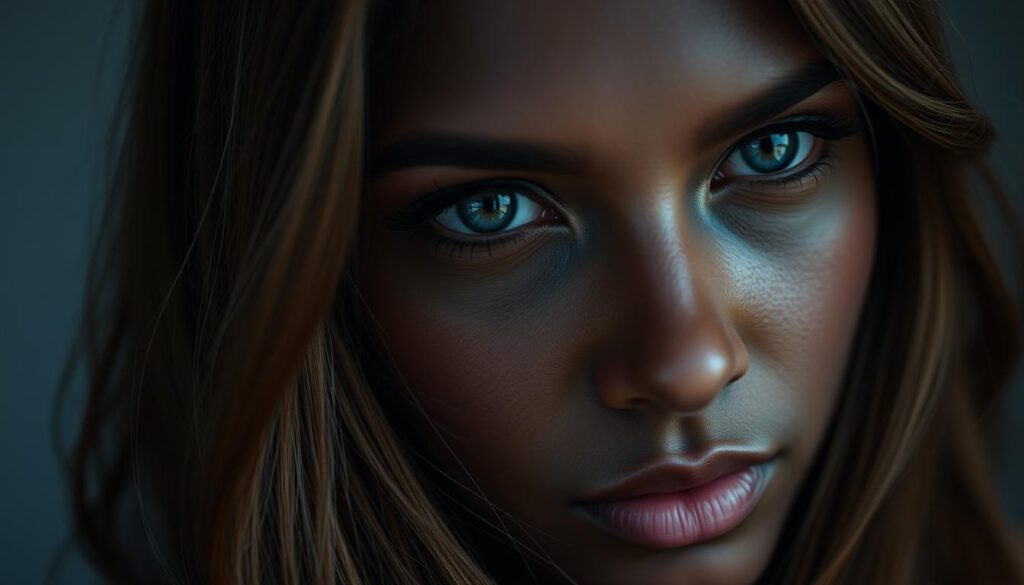 A close-up portrait of a woman with a dark complexion, her face illuminated by soft, diffuse lighting. Her hair, a rich, warm brown hue, cascades around her features, contrasting beautifully with her striking, deep blue eyes. The woman's expression is serene, her gaze directed slightly off-camera, creating a sense of introspection and quiet contemplation. The background is blurred, allowing the viewer to focus solely on the captivating interplay between the woman's hair color and eye color, accentuating the harmonious relationship between these complementary tones. A close-up portrait of a woman with a dark complexion, her face illuminated by soft, diffuse lighting. Her hair, a rich, warm brown hue, cascades around her features, contrasting beautifully with her striking, deep blue eyes. The woman's expression is serene, her gaze directed slightly off-camera, creating a sense of introspection and quiet contemplation. The background is blurred, allowing the viewer to focus solely on the captivating interplay between the woman's hair color and eye color, accentuating the harmonious relationship between these complementary tones.