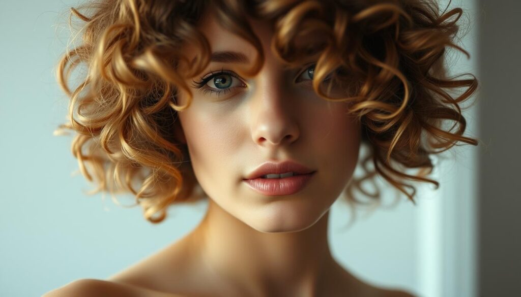 A close-up portrait of a woman with curly, tousled hair. The lighting is soft and flattering, creating subtle shadows and highlights that accentuate the texture and volume of her curls. The focus is on the hair, with a shallow depth of field that blurs the background, allowing the hairstyle to be the central subject. The overall mood is natural, ethereal, and slightly romantic, capturing the beauty and movement of the woman's curly tresses. The image is framed from the shoulders up, providing a intimate, detailed view of the hairstyle. A close-up portrait of a woman with curly, tousled hair. The lighting is soft and flattering, creating subtle shadows and highlights that accentuate the texture and volume of her curls. The focus is on the hair, with a shallow depth of field that blurs the background, allowing the hairstyle to be the central subject. The overall mood is natural, ethereal, and slightly romantic, capturing the beauty and movement of the woman's curly tresses. The image is framed from the shoulders up, providing a intimate, detailed view of the hairstyle.