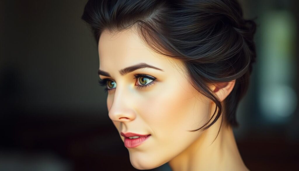 A close-up portrait of a woman with short, dark hair styled in a stylish updo. The hair is arranged in a neat, coiffed bun or twist, with some strands strategically left out to frame the face. The lighting is soft and flattering, creating a warm, inviting atmosphere. The woman's expression is calm and confident, her gaze directed slightly off-camera. The background is blurred, keeping the focus on the intricate hairstyle and the subject's facial features. The overall image conveys a sense of effortless elegance and practical, everyday sophistication. A close-up portrait of a woman with short, dark hair styled in a stylish updo. The hair is arranged in a neat, coiffed bun or twist, with some strands strategically left out to frame the face. The lighting is soft and flattering, creating a warm, inviting atmosphere. The woman's expression is calm and confident, her gaze directed slightly off-camera. The background is blurred, keeping the focus on the intricate hairstyle and the subject's facial features. The overall image conveys a sense of effortless elegance and practical, everyday sophistication.