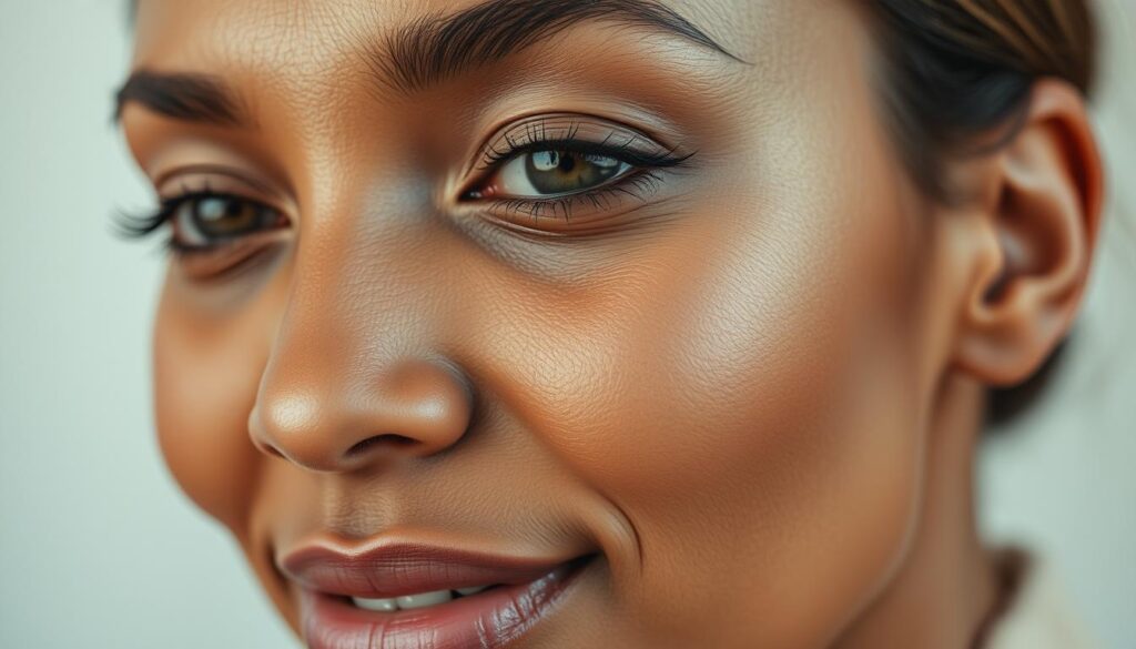 A close-up portrait of a woman's face, capturing the nuanced tones and textures of her complexion. Soft, diffused lighting illuminates her skin, highlighting its natural radiance and subtle variations in hue. The focus is on the center of her face, with the edges gently blurred to draw the viewer's attention inward. The expression is serene, with a slight hint of a smile, conveying a sense of tranquility and inner glow. The overall mood is warm, inviting, and authentic, reflecting the essence of a unique individual's skin tone and complexion. A close-up portrait of a woman's face, capturing the nuanced tones and textures of her complexion. Soft, diffused lighting illuminates her skin, highlighting its natural radiance and subtle variations in hue. The focus is on the center of her face, with the edges gently blurred to draw the viewer's attention inward. The expression is serene, with a slight hint of a smile, conveying a sense of tranquility and inner glow. The overall mood is warm, inviting, and authentic, reflecting the essence of a unique individual's skin tone and complexion.