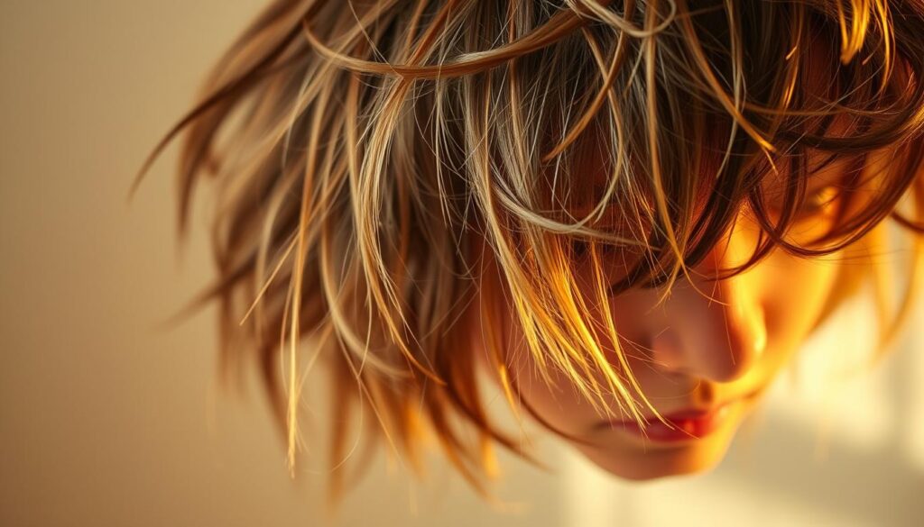 A close-up portrait of frizzy, unruly hair with flyaways and split ends against a soft, out-of-focus background. Warm, natural lighting illuminates the tousled locks from the side, creating dramatic shadows and highlights. The hair appears slightly dry and damaged, with a volumized, puffed-up texture. The overall mood is one of frustration and a desire to achieve smoother, more manageable hair. A close-up portrait of frizzy, unruly hair with flyaways and split ends against a soft, out-of-focus background. Warm, natural lighting illuminates the tousled locks from the side, creating dramatic shadows and highlights. The hair appears slightly dry and damaged, with a volumized, puffed-up texture. The overall mood is one of frustration and a desire to achieve smoother, more manageable hair.