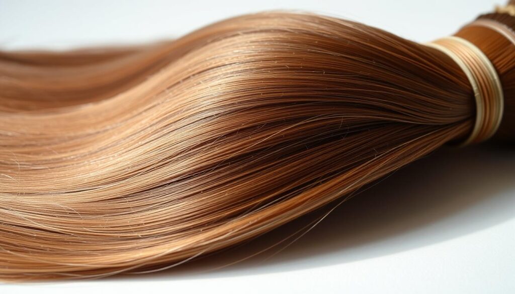 A close-up shot of a bundle of natural human hair strands in varying shades of brown, perfectly lit from the side to accentuate the silky, glossy texture and individual fibers. The hair appears soft and lustrous, with delicate highlights reflecting the light. The background is a clean, neutral surface, allowing the hair to take center stage and showcasing its beauty and quality. The image conveys a sense of high-end, luxury hair care, highlighting the natural appeal and inherent value of authentic hair. A close-up shot of a bundle of natural human hair strands in varying shades of brown, perfectly lit from the side to accentuate the silky, glossy texture and individual fibers. The hair appears soft and lustrous, with delicate highlights reflecting the light. The background is a clean, neutral surface, allowing the hair to take center stage and showcasing its beauty and quality. The image conveys a sense of high-end, luxury hair care, highlighting the natural appeal and inherent value of authentic hair.