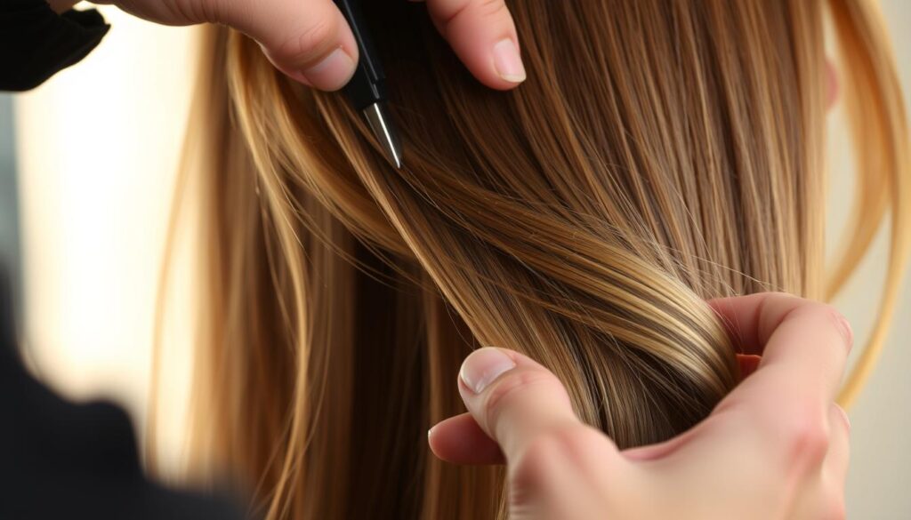 A close-up shot of a hairstylist's hands skillfully cutting and layering a model's long, flowing hair. The hair's texture is soft and silky, with subtle highlights and lowlights that catch the warm, directional lighting. The model's head is angled slightly, revealing the intricate techniques of the stylist as they carefully shape the layers and add depth and dimension to the style. The background is blurred, keeping the focus on the delicate hand movements and the transformative process of hair shading and contouring. A close-up shot of a hairstylist's hands skillfully cutting and layering a model's long, flowing hair. The hair's texture is soft and silky, with subtle highlights and lowlights that catch the warm, directional lighting. The model's head is angled slightly, revealing the intricate techniques of the stylist as they carefully shape the layers and add depth and dimension to the style. The background is blurred, keeping the focus on the delicate hand movements and the transformative process of hair shading and contouring.