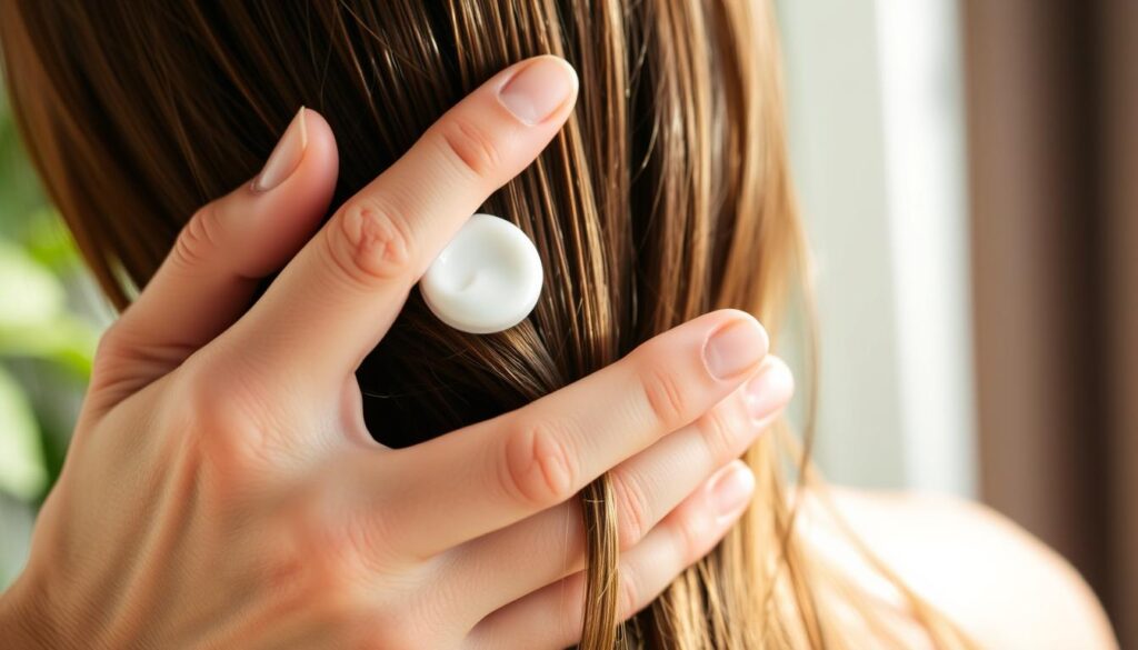 A close-up shot of a person's hands gently applying a small amount of Alpicort E cream to the hair. The hair is slightly damp, reflecting the recommendation to apply the product to wet hair. Soft, natural lighting illuminates the scene, creating a calming and instructional atmosphere. The hands are positioned to showcase the proper application technique, with the fingers delicately massaging the cream into the hair from the roots to the ends. The background is blurred, allowing the focus to remain on the specific instructions for using Alpicort E correctly. A close-up shot of a person's hands gently applying a small amount of Alpicort E cream to the hair. The hair is slightly damp, reflecting the recommendation to apply the product to wet hair. Soft, natural lighting illuminates the scene, creating a calming and instructional atmosphere. The hands are positioned to showcase the proper application technique, with the fingers delicately massaging the cream into the hair from the roots to the ends. The background is blurred, allowing the focus to remain on the specific instructions for using Alpicort E correctly.