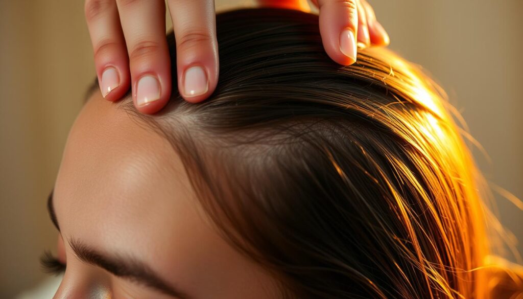 A close-up shot of a person's head, focused on the scalp and hair roots. The skin is gently being massaged with the fingertips, applying firm yet soothing pressure. Soft, warm lighting illuminates the scene, creating a calming and relaxing atmosphere. The model's expression conveys a sense of tranquility and mindfulness, as they fully immerse themselves in the nurturing scalp massage. The image captures the intimate, therapeutic nature of this self-care practice, highlighting its importance in maintaining healthy, vibrant hair. A close-up shot of a person's head, focused on the scalp and hair roots. The skin is gently being massaged with the fingertips, applying firm yet soothing pressure. Soft, warm lighting illuminates the scene, creating a calming and relaxing atmosphere. The model's expression conveys a sense of tranquility and mindfulness, as they fully immerse themselves in the nurturing scalp massage. The image captures the intimate, therapeutic nature of this self-care practice, highlighting its importance in maintaining healthy, vibrant hair.