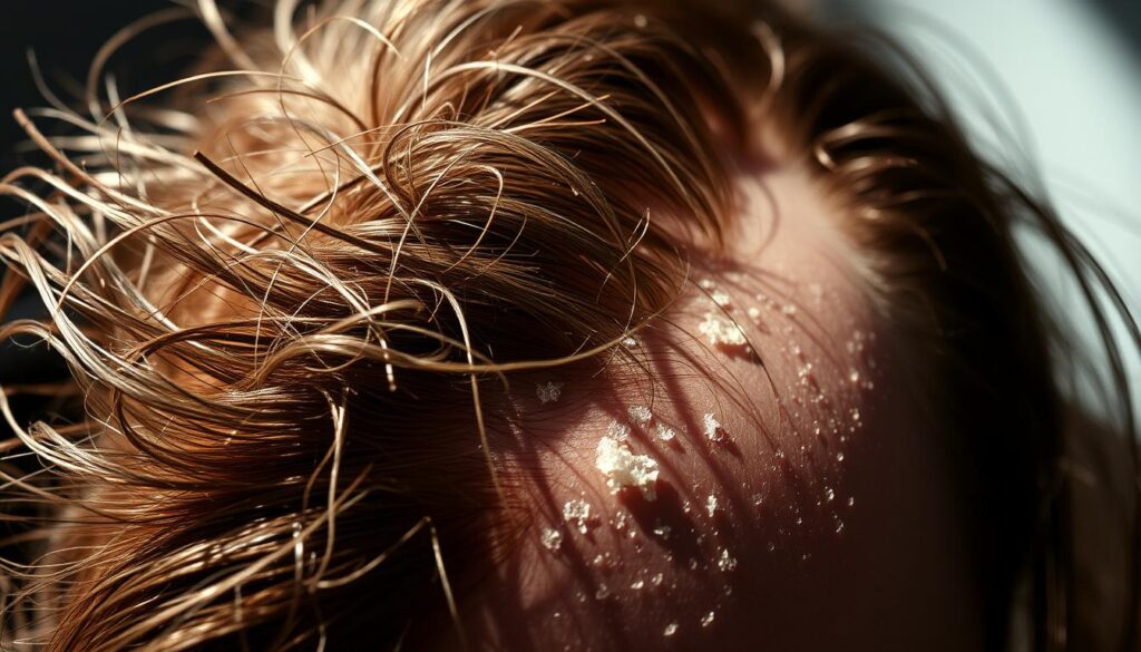 A close-up shot of a person's scalp, with strands of dry, brittle hair falling out and scattered across the skin. The lighting is harsh, casting deep shadows that accentuate the irritated, flaky texture of the scalp. The background is blurred, keeping the focus on the problematic hair and skin condition. The overall mood is one of distress and concern, reflecting the negative impact of using a dry shampoo on the hair and scalp. A close-up shot of a person's scalp, with strands of dry, brittle hair falling out and scattered across the skin. The lighting is harsh, casting deep shadows that accentuate the irritated, flaky texture of the scalp. The background is blurred, keeping the focus on the problematic hair and skin condition. The overall mood is one of distress and concern, reflecting the negative impact of using a dry shampoo on the hair and scalp.