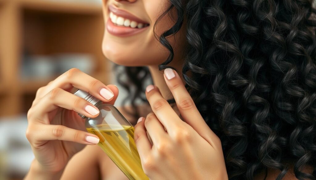 A close-up shot of a woman's hands gently massaging moisturizing hair oil into her thick, wavy hair. The hair strands are captured in exquisite detail, showcasing their natural curl and movement. The lighting is soft and diffused, creating a serene, spa-like atmosphere. The background is blurred, allowing the focus to remain solely on the haircare ritual. The woman's expression is one of relaxation and contentment, reflecting the nourishing effect of the hydrating treatment. The scene conveys a sense of self-care and the importance of properly moisturizing one's hair for healthy, vibrant locks. A close-up shot of a woman's hands gently massaging moisturizing hair oil into her thick, wavy hair. The hair strands are captured in exquisite detail, showcasing their natural curl and movement. The lighting is soft and diffused, creating a serene, spa-like atmosphere. The background is blurred, allowing the focus to remain solely on the haircare ritual. The woman's expression is one of relaxation and contentment, reflecting the nourishing effect of the hydrating treatment. The scene conveys a sense of self-care and the importance of properly moisturizing one's hair for healthy, vibrant locks.