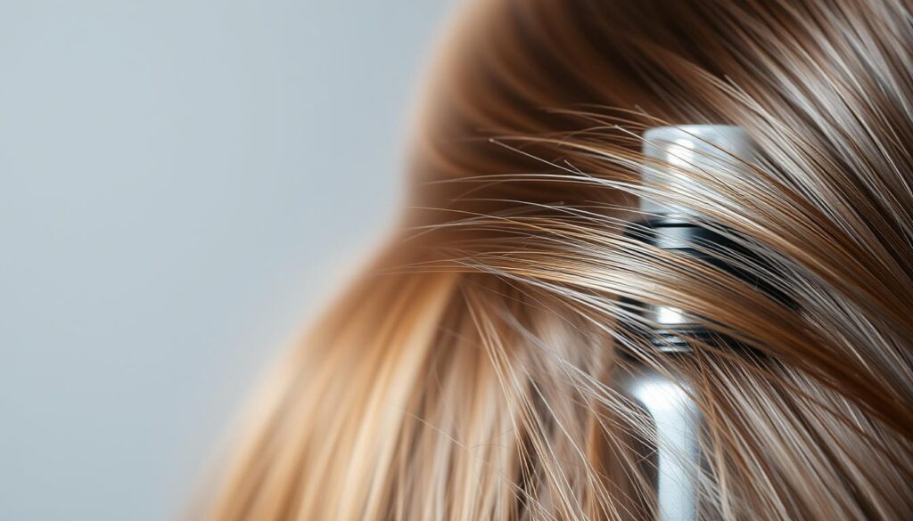 A close-up shot of hair strands, meticulously detailed, with a bottle of hair spray prominently displayed in the foreground. Soft, diffused lighting illuminates the scene, highlighting the intricate texture and shine of the hair. The background is blurred, placing the focus on the central elements. Subtle hints of a neutral, minimalist setting suggest a clean, professional environment. The overall mood conveys a sense of care and consideration for the health and well-being of the hair, addressing the question of whether hair sprays can damage hair. A close-up shot of hair strands, meticulously detailed, with a bottle of hair spray prominently displayed in the foreground. Soft, diffused lighting illuminates the scene, highlighting the intricate texture and shine of the hair. The background is blurred, placing the focus on the central elements. Subtle hints of a neutral, minimalist setting suggest a clean, professional environment. The overall mood conveys a sense of care and consideration for the health and well-being of the hair, addressing the question of whether hair sprays can damage hair.