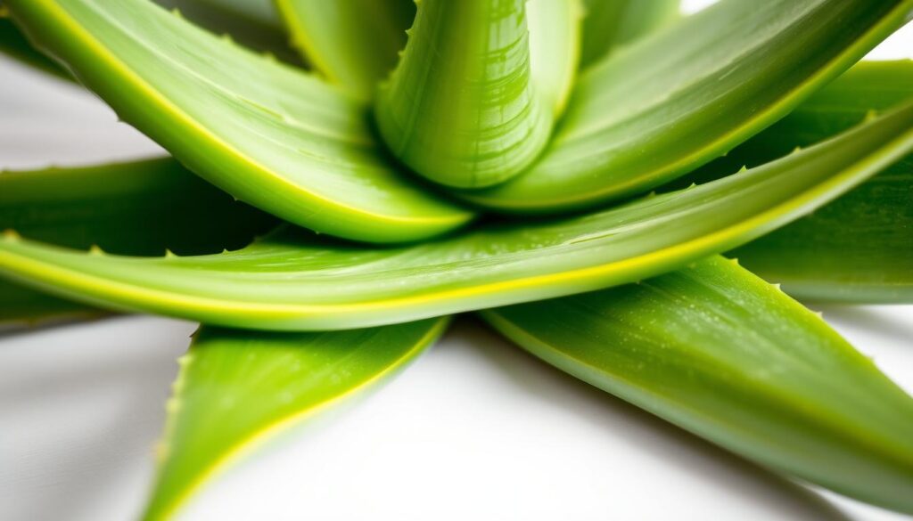 A close-up shot of several aloe vera leaves, their thick and fleshy green blades illuminated by soft, diffused natural lighting. The leaves are arranged in a visually appealing, symmetrical composition, with the tips of the aloe gently curving towards the camera. The background is a simple, clean surface, allowing the aloe leaves to be the primary focus. The image conveys a sense of calmness and natural healing, highlighting the aloe's potential benefits for hair loss treatment. A close-up shot of several aloe vera leaves, their thick and fleshy green blades illuminated by soft, diffused natural lighting. The leaves are arranged in a visually appealing, symmetrical composition, with the tips of the aloe gently curving towards the camera. The background is a simple, clean surface, allowing the aloe leaves to be the primary focus. The image conveys a sense of calmness and natural healing, highlighting the aloe's potential benefits for hair loss treatment.