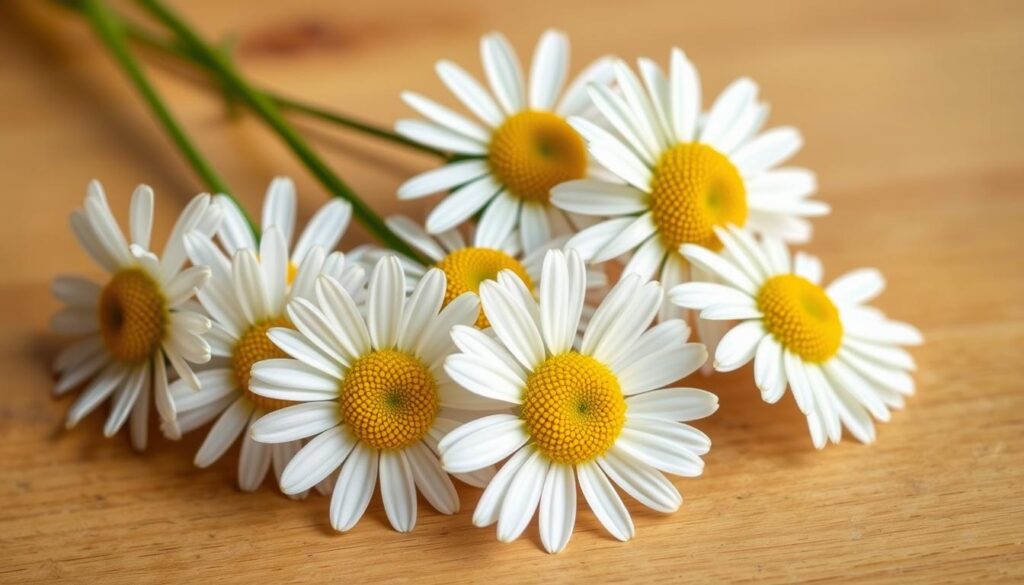 A close-up shot of several fresh chamomile flowers arranged on a wooden surface, with a soft, warm lighting illuminating the delicate petals. The chamomile blooms are the focal point, their vibrant white and yellow hues contrasting beautifully against the natural wooden backdrop. The image conveys a sense of simplicity, purity, and the potential for natural hair care. The lighting is soft and diffused, creating a serene, inviting atmosphere that suggests the gentle and soothing nature of using chamomile for hair lightening. A close-up shot of several fresh chamomile flowers arranged on a wooden surface, with a soft, warm lighting illuminating the delicate petals. The chamomile blooms are the focal point, their vibrant white and yellow hues contrasting beautifully against the natural wooden backdrop. The image conveys a sense of simplicity, purity, and the potential for natural hair care. The lighting is soft and diffused, creating a serene, inviting atmosphere that suggests the gentle and soothing nature of using chamomile for hair lightening.