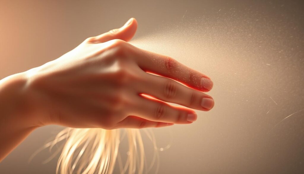 A close-up view of a hand spraying hair with a glossy hair spray, capturing the mist and flow of the liquid as it coats the strands. The scene is lit with soft, diffused lighting that creates a luminous, ethereal atmosphere, highlighting the delicate texture of the hair and the shimmering effect of the hairspray. The background is blurred, allowing the viewer to focus on the dynamic interaction between the hand, the spray, and the hair. The overall composition conveys a sense of the scientific process and technical aspects of how hair spray works to style and protect the hair. A close-up view of a hand spraying hair with a glossy hair spray, capturing the mist and flow of the liquid as it coats the strands. The scene is lit with soft, diffused lighting that creates a luminous, ethereal atmosphere, highlighting the delicate texture of the hair and the shimmering effect of the hairspray. The background is blurred, allowing the viewer to focus on the dynamic interaction between the hand, the spray, and the hair. The overall composition conveys a sense of the scientific process and technical aspects of how hair spray works to style and protect the hair.