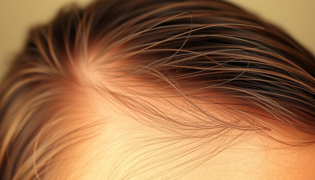 A close-up view of a head with sparse, thinning hair gradually regaining its lush fullness. The scalp shows signs of previous damage, with a slight reddish hue. Soft, wispy new hair strands emerge, gently swaying in a warm, diffused light that highlights their delicate, regenerative nature. The composition emphasizes the journey of hair recovery, conveying a sense of resilience and hope in the face of adversity. The overall mood is serene, with a subtle, therapeutic atmosphere. A close-up view of a head with sparse, thinning hair gradually regaining its lush fullness. The scalp shows signs of previous damage, with a slight reddish hue. Soft, wispy new hair strands emerge, gently swaying in a warm, diffused light that highlights their delicate, regenerative nature. The composition emphasizes the journey of hair recovery, conveying a sense of resilience and hope in the face of adversity. The overall mood is serene, with a subtle, therapeutic atmosphere.