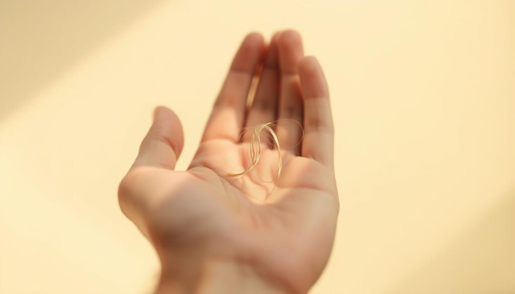 A close-up view of a human hand gently holding a small group of fallen hair strands against a plain, soft-focus background. The lighting is warm and natural, creating a serene, contemplative atmosphere. The hair strands are showcased in the center of the frame, their delicate, wispy textures and natural color variations accentuated. The composition emphasizes the ephemeral nature of hair loss, inviting the viewer to reflect on the normal, everyday shedding process. The image conveys a sense of curiosity and quiet introspection, rather than alarm or concern, aligning with the informative tone of the article section. A close-up view of a human hand gently holding a small group of fallen hair strands against a plain, soft-focus background. The lighting is warm and natural, creating a serene, contemplative atmosphere. The hair strands are showcased in the center of the frame, their delicate, wispy textures and natural color variations accentuated. The composition emphasizes the ephemeral nature of hair loss, inviting the viewer to reflect on the normal, everyday shedding process. The image conveys a sense of curiosity and quiet introspection, rather than alarm or concern, aligning with the informative tone of the article section.