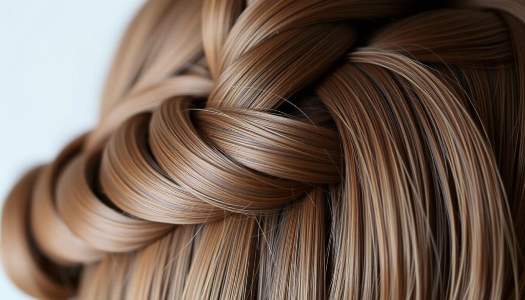 A close-up view of a meticulously crafted Dutch braid hairstyle, showcasing its intricate woven pattern. The hair strands are smooth and shiny, creating a sleek, sophisticated appearance. The lighting is soft and diffused, accentuating the contours of the braid and highlighting the individual strands. The image is captured from a slightly elevated angle, providing a clear and detailed perspective of the hairstyle's unique technique and structure. The background is blurred, keeping the focus solely on the exquisite Dutch braid. A close-up view of a meticulously crafted Dutch braid hairstyle, showcasing its intricate woven pattern. The hair strands are smooth and shiny, creating a sleek, sophisticated appearance. The lighting is soft and diffused, accentuating the contours of the braid and highlighting the individual strands. The image is captured from a slightly elevated angle, providing a clear and detailed perspective of the hairstyle's unique technique and structure. The background is blurred, keeping the focus solely on the exquisite Dutch braid.