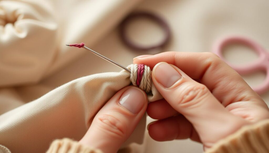 A close-up view of a pair of hands carefully sewing a hair elastic band. The fabric is a soft, neutral-colored material, and the thread used is a contrasting color, creating a visually appealing contrast. The hands are in focus, with the fingers delicately guiding the needle and thread, showcasing the intricate process of handcrafting a hair accessory. The background is slightly blurred, allowing the viewer to focus on the task at hand. The lighting is soft and diffused, creating a warm, inviting atmosphere, and the angle of the shot is slightly elevated, giving a sense of intimacy and attention to detail. A close-up view of a pair of hands carefully sewing a hair elastic band. The fabric is a soft, neutral-colored material, and the thread used is a contrasting color, creating a visually appealing contrast. The hands are in focus, with the fingers delicately guiding the needle and thread, showcasing the intricate process of handcrafting a hair accessory. The background is slightly blurred, allowing the viewer to focus on the task at hand. The lighting is soft and diffused, creating a warm, inviting atmosphere, and the angle of the shot is slightly elevated, giving a sense of intimacy and attention to detail.