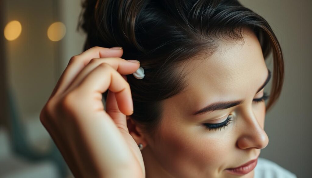 A close-up view of a woman's hand gently applying a small amount of a styling product, such as a pomade or hair wax, to her neatly styled hair. The lighting is soft and flattering, creating a warm, relaxed atmosphere. The focus is on the delicate motion of the fingers as they smooth and shape the strands, highlighting the care and attention taken to maintain the hairstyle. The background is blurred, allowing the viewer to concentrate on the intricate details of the styling process. A close-up view of a woman's hand gently applying a small amount of a styling product, such as a pomade or hair wax, to her neatly styled hair. The lighting is soft and flattering, creating a warm, relaxed atmosphere. The focus is on the delicate motion of the fingers as they smooth and shape the strands, highlighting the care and attention taken to maintain the hairstyle. The background is blurred, allowing the viewer to concentrate on the intricate details of the styling process.