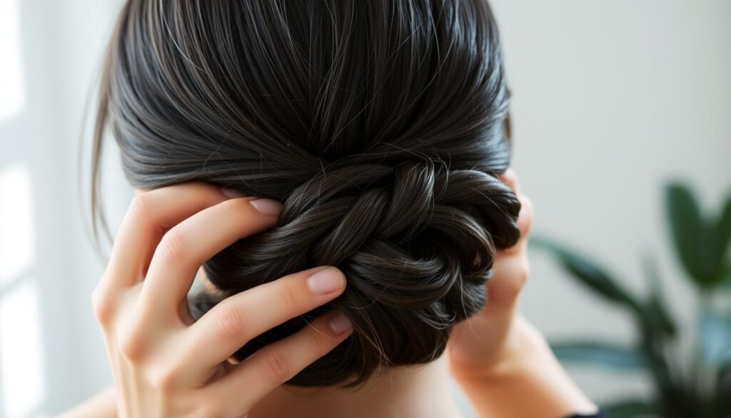 A close-up view of a woman's hands elegantly styling her long, dark hair into a sleek, simple updo. Soft, natural lighting from the side casts gentle shadows, highlighting the intricate braid patterns and smooth textures. The style is effortless yet polished, with a few loose tendrils framing the face. The background is blurred, keeping the focus on the graceful hairstyling technique. The overall mood is one of understated sophistication and efficiency, perfectly capturing the essence of "szybkie upięcia" or quick and easy hairstyles. A close-up view of a woman's hands elegantly styling her long, dark hair into a sleek, simple updo. Soft, natural lighting from the side casts gentle shadows, highlighting the intricate braid patterns and smooth textures. The style is effortless yet polished, with a few loose tendrils framing the face. The background is blurred, keeping the focus on the graceful hairstyling technique. The overall mood is one of understated sophistication and efficiency, perfectly capturing the essence of "szybkie upięcia" or quick and easy hairstyles.