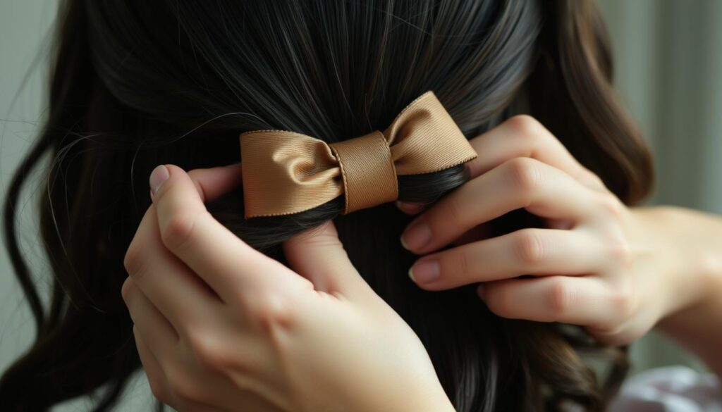 A close-up view of a woman's hands meticulously creating a ribbon bow hairstyle. The hair is dark and lustrous, with strands gently cascading around the face. Soft, natural lighting illuminates the intricate process, highlighting the delicate movements as the hair is carefully manipulated into a beautiful, symmetrical bow shape. The background is slightly blurred, keeping the focus on the hands and hair. The overall mood is one of concentration and artistry, capturing the step-by-step technique of crafting this stylish hair accessory. A close-up view of a woman's hands meticulously creating a ribbon bow hairstyle. The hair is dark and lustrous, with strands gently cascading around the face. Soft, natural lighting illuminates the intricate process, highlighting the delicate movements as the hair is carefully manipulated into a beautiful, symmetrical bow shape. The background is slightly blurred, keeping the focus on the hands and hair. The overall mood is one of concentration and artistry, capturing the step-by-step technique of crafting this stylish hair accessory.