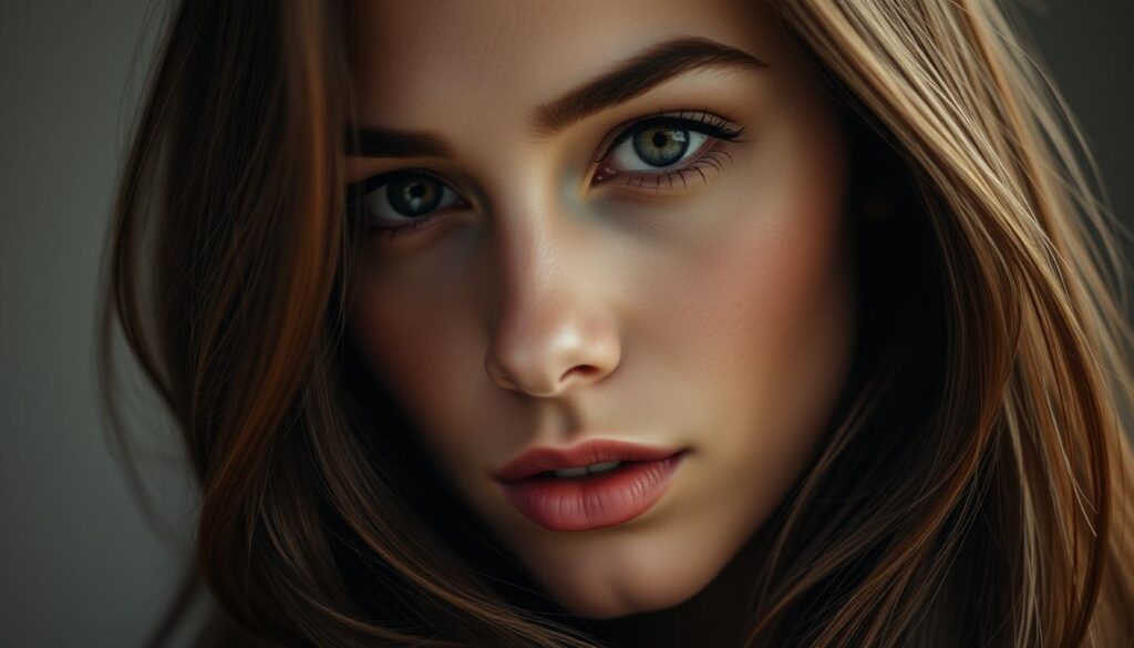 A closeup portrait of a brunette woman with warm, radiant skin and deep, soulful eyes. Her hair is thick, lustrous, and reflects the rich, natural tones of dark brown infused with subtle hints of auburn. The lighting is soft, diffused, and accentuates the natural highlights in her hair, casting an ethereal, luminous glow on her features. The background is blurred and muted, allowing the viewer to focus on the captivating, introspective expression of the subject, who emanates an air of quiet confidence and inner strength. The overall mood is one of tranquility, beauty, and the unique, innate qualities that define the allure of the brunette complexion. A closeup portrait of a brunette woman with warm, radiant skin and deep, soulful eyes. Her hair is thick, lustrous, and reflects the rich, natural tones of dark brown infused with subtle hints of auburn. The lighting is soft, diffused, and accentuates the natural highlights in her hair, casting an ethereal, luminous glow on her features. The background is blurred and muted, allowing the viewer to focus on the captivating, introspective expression of the subject, who emanates an air of quiet confidence and inner strength. The overall mood is one of tranquility, beauty, and the unique, innate qualities that define the allure of the brunette complexion.