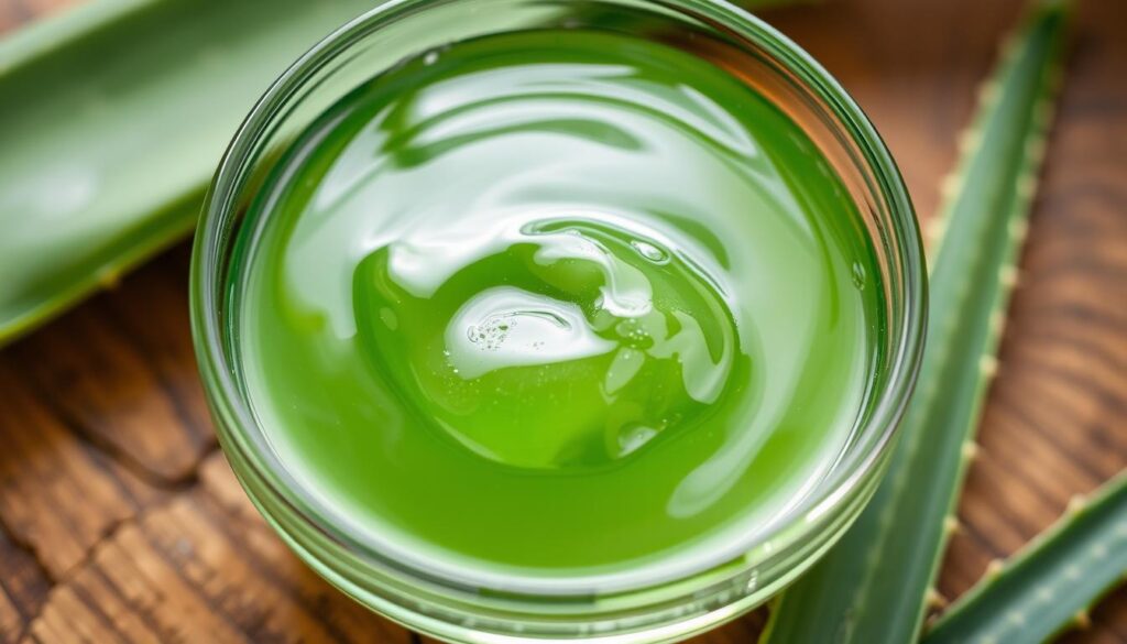 A closeup shot of a glass bowl filled with a vibrant, green aloe vera gel mixture. The gel has a smooth, glossy texture and gently glistens under a soft, diffused lighting. The bowl is placed on a wooden surface, with a few fresh aloe leaves arranged around it, creating a natural, spa-like atmosphere. The image conveys a sense of nourishment and hydration, perfectly suited for a hair care product made from aloe vera. A closeup shot of a glass bowl filled with a vibrant, green aloe vera gel mixture. The gel has a smooth, glossy texture and gently glistens under a soft, diffused lighting. The bowl is placed on a wooden surface, with a few fresh aloe leaves arranged around it, creating a natural, spa-like atmosphere. The image conveys a sense of nourishment and hydration, perfectly suited for a hair care product made from aloe vera.