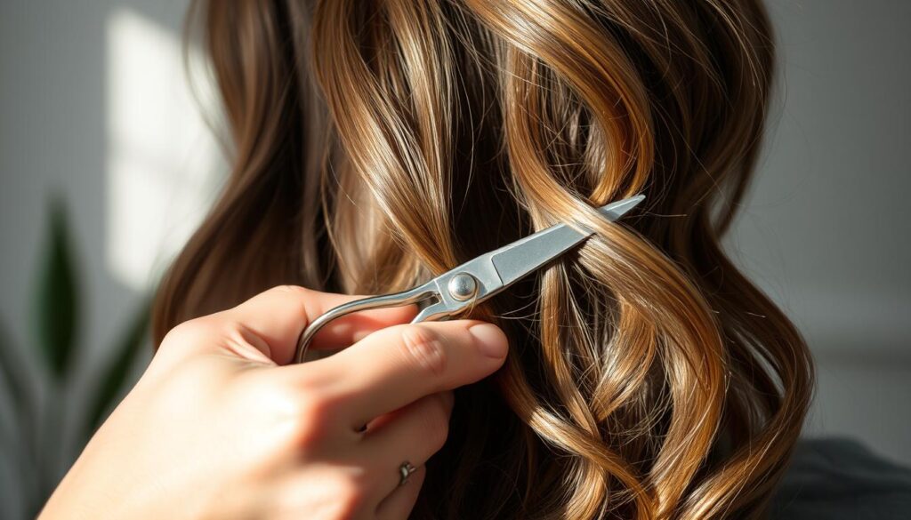 A closeup shot of a person's hands carefully trimming the split, damaged ends of medium-length, wavy brown hair with sharp haircutting scissors. The hair is illuminated by soft, diffused natural light, casting gentle shadows that accentuate the delicate, focused movements. The background is blurred and indistinct, placing emphasis on the intricate task at hand. The scene conveys a sense of precision, care, and attention to detail as the person works to restore the health and appearance of the hair. A closeup shot of a person's hands carefully trimming the split, damaged ends of medium-length, wavy brown hair with sharp haircutting scissors. The hair is illuminated by soft, diffused natural light, casting gentle shadows that accentuate the delicate, focused movements. The background is blurred and indistinct, placing emphasis on the intricate task at hand. The scene conveys a sense of precision, care, and attention to detail as the person works to restore the health and appearance of the hair.
