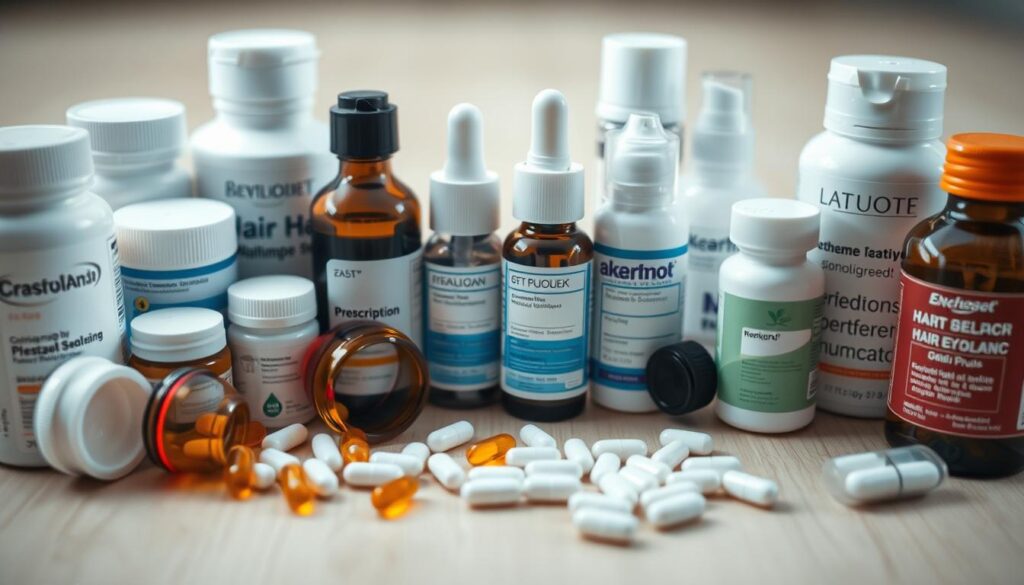 A closeup shot of an assortment of prescription medications and over-the-counter hair loss treatment products, including pills, capsules, shampoos, and serums, arranged neatly on a light-colored wooden surface. The items are illuminated by soft, diffused lighting, creating a sense of clarity and focus. The composition emphasizes the diversity of hair loss remedies, conveying a sense of hope and potential solutions for the issue. The overall mood is one of thoughtful consideration, reflecting the subject matter of "Leki na wypadanie włosów" (Hair Loss Medications). A closeup shot of an assortment of prescription medications and over-the-counter hair loss treatment products, including pills, capsules, shampoos, and serums, arranged neatly on a light-colored wooden surface. The items are illuminated by soft, diffused lighting, creating a sense of clarity and focus. The composition emphasizes the diversity of hair loss remedies, conveying a sense of hope and potential solutions for the issue. The overall mood is one of thoughtful consideration, reflecting the subject matter of "Leki na wypadanie włosów" (Hair Loss Medications).