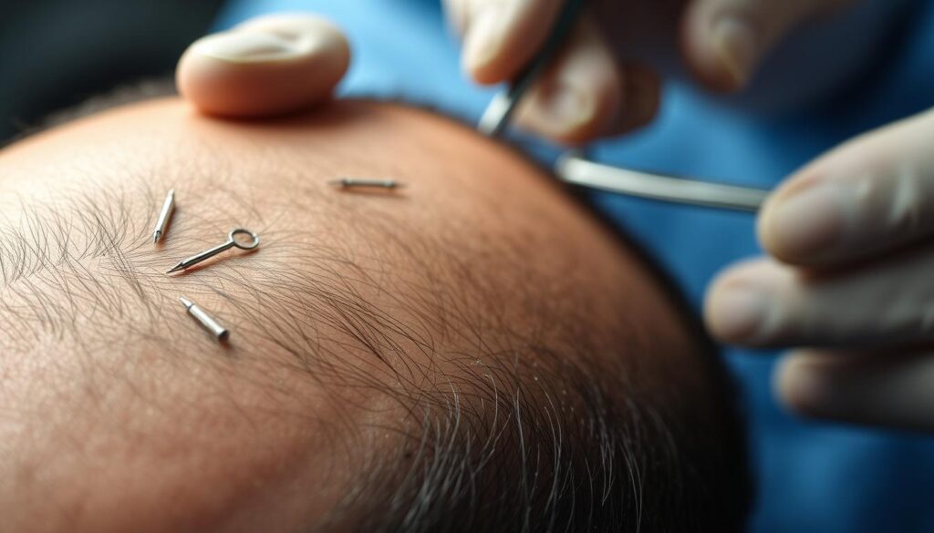 A closeup view of a man's scalp, with the skin partially shaved, revealing the hair follicles. The foreground shows the surgical area, with a delicate network of transplanted hair grafts being carefully placed by the skilled hands of a surgeon. The middle ground depicts the surgical instruments and equipment, creating a sense of a well-equipped medical procedure. The background is softly blurred, conveying a sense of clinical precision and attention to detail. The lighting is soft and directional, highlighting the texture of the skin and the subtle movements of the surgeon's hands. The overall mood is one of professionalism, precision, and the potential for a positive outcome for the patient. A closeup view of a man's scalp, with the skin partially shaved, revealing the hair follicles. The foreground shows the surgical area, with a delicate network of transplanted hair grafts being carefully placed by the skilled hands of a surgeon. The middle ground depicts the surgical instruments and equipment, creating a sense of a well-equipped medical procedure. The background is softly blurred, conveying a sense of clinical precision and attention to detail. The lighting is soft and directional, highlighting the texture of the skin and the subtle movements of the surgeon's hands. The overall mood is one of professionalism, precision, and the potential for a positive outcome for the patient.