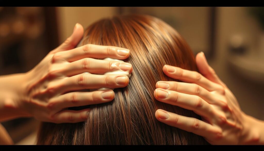 A closeup view of a person's hands carefully applying a nourishing hair treatment to the roots and lengths of their glossy, lush hair. The lighting is warm and soft, illuminating the vibrant strands and creating a soothing, salon-like atmosphere. The focus is on the delicate application process, with the hands gently massaging the scalp and working the formula through the hair. The image conveys a sense of care, restoration, and the promise of strengthened, healthier locks. A closeup view of a person's hands carefully applying a nourishing hair treatment to the roots and lengths of their glossy, lush hair. The lighting is warm and soft, illuminating the vibrant strands and creating a soothing, salon-like atmosphere. The focus is on the delicate application process, with the hands gently massaging the scalp and working the formula through the hair. The image conveys a sense of care, restoration, and the promise of strengthened, healthier locks.