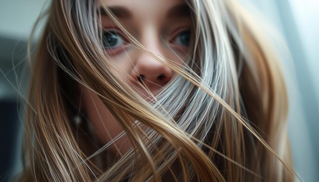 A closeup view of a woman's hair with an inquisitive expression, showcasing the texture and shine of her strands. The lighting is soft and diffused, creating a sense of contemplation. The background is blurred, keeping the focus on the hair. The camera is positioned slightly above eye level, giving a sense of intimacy and inviting the viewer to examine the hair closely. The overall mood is one of curiosity and introspection, reflecting the question "Does shampoo damage hair?" A closeup view of a woman's hair with an inquisitive expression, showcasing the texture and shine of her strands. The lighting is soft and diffused, creating a sense of contemplation. The background is blurred, keeping the focus on the hair. The camera is positioned slightly above eye level, giving a sense of intimacy and inviting the viewer to examine the hair closely. The overall mood is one of curiosity and introspection, reflecting the question "Does shampoo damage hair?"