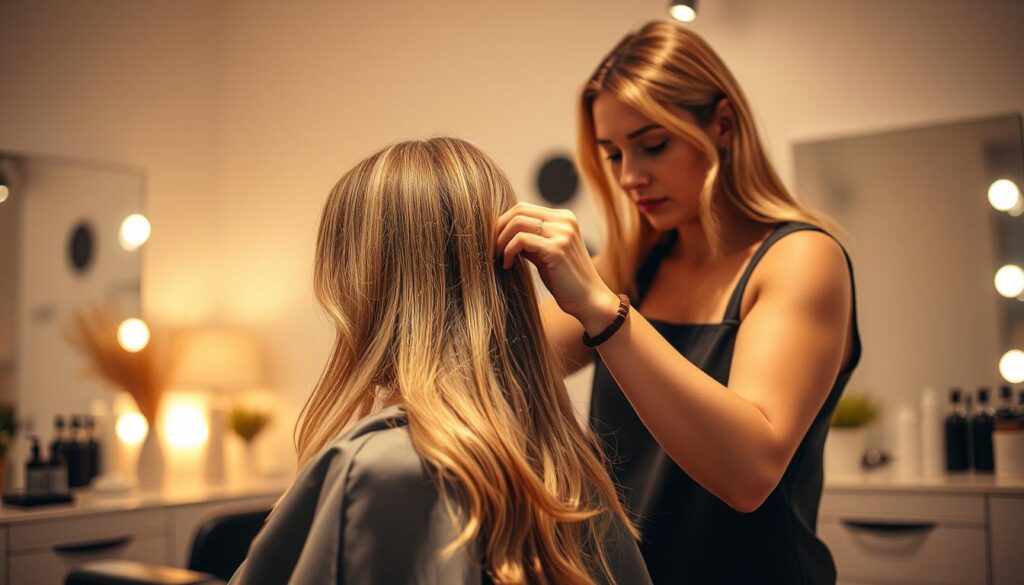 A cozy salon setting with a hairstylist carefully highlighting a client's hair. Warm, soft lighting illuminates the scene, casting a gentle glow. The client's hair is sectioned and the stylist is meticulously applying highlighting solution, creating a natural, sun-kissed effect. The background features minimalist decor and clean, neutral tones to keep the focus on the hair transformation process. Subtle details like the stylist's tools and products suggest a professional, high-quality experience. The overall atmosphere conveys a sense of care, expertise, and the transformative power of hair color. A cozy salon setting with a hairstylist carefully highlighting a client's hair. Warm, soft lighting illuminates the scene, casting a gentle glow. The client's hair is sectioned and the stylist is meticulously applying highlighting solution, creating a natural, sun-kissed effect. The background features minimalist decor and clean, neutral tones to keep the focus on the hair transformation process. Subtle details like the stylist's tools and products suggest a professional, high-quality experience. The overall atmosphere conveys a sense of care, expertise, and the transformative power of hair color.