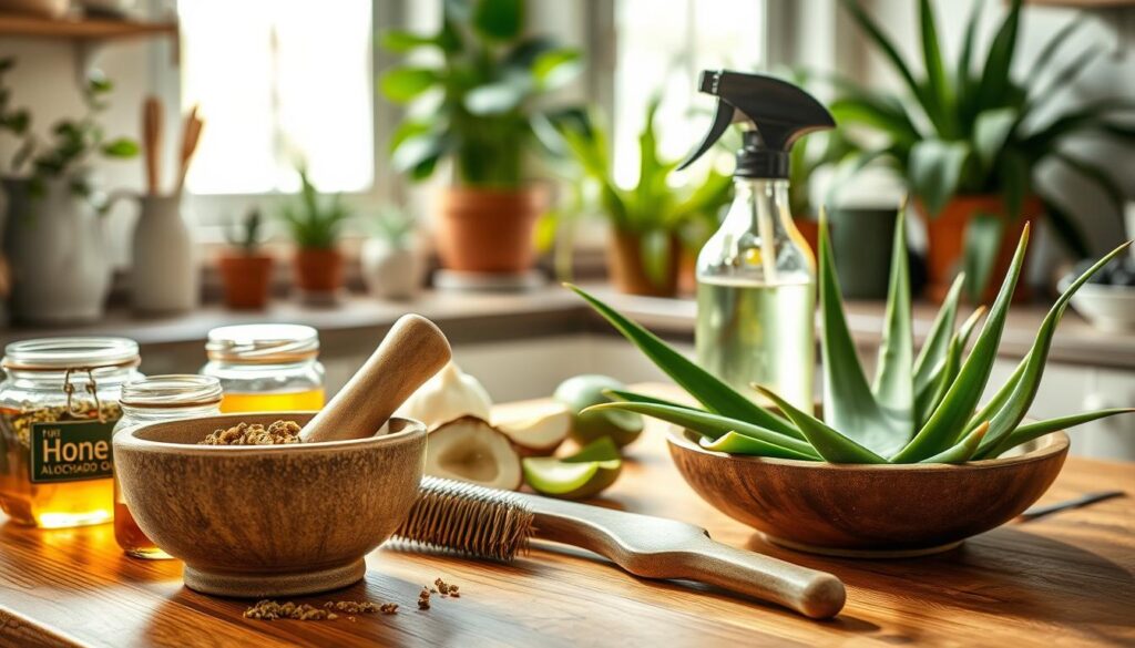 A cozy, well-lit kitchen with a variety of natural hair care ingredients artfully arranged on a wooden countertop. In the foreground, a mortar and pestle holds a mixture of crushed herbs and oils, while jars of honey, avocado, and coconut oil surround it. In the middle ground, a hairbrush and a spray bottle filled with a homemade hair treatment rest next to a bowl of freshly cut aloe vera leaves. The background features potted plants and a window, allowing natural light to pour in and create a serene, spa-like atmosphere. The overall scene conveys a sense of DIY hair care and natural, effective solutions to prevent hair breakage. A cozy, well-lit kitchen with a variety of natural hair care ingredients artfully arranged on a wooden countertop. In the foreground, a mortar and pestle holds a mixture of crushed herbs and oils, while jars of honey, avocado, and coconut oil surround it. In the middle ground, a hairbrush and a spray bottle filled with a homemade hair treatment rest next to a bowl of freshly cut aloe vera leaves. The background features potted plants and a window, allowing natural light to pour in and create a serene, spa-like atmosphere. The overall scene conveys a sense of DIY hair care and natural, effective solutions to prevent hair breakage.