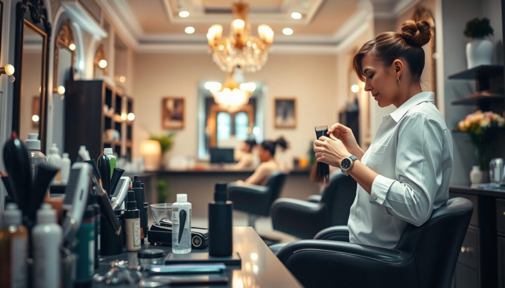 A cozy, well-lit salon interior with a professional stylist's station in the foreground, showcasing various hair-cutting tools and products. In the middle ground, a client sits comfortably, receiving a delicate trim from the stylist's skilled hands. The background features elegant decor and soothing ambient lighting, creating a serene, relaxing atmosphere. The scene captures the essential factors influencing the frequency of hair trims - the stylist's expertise, the client's personal preferences, and the salon's attentive, high-quality service. A cozy, well-lit salon interior with a professional stylist's station in the foreground, showcasing various hair-cutting tools and products. In the middle ground, a client sits comfortably, receiving a delicate trim from the stylist's skilled hands. The background features elegant decor and soothing ambient lighting, creating a serene, relaxing atmosphere. The scene captures the essential factors influencing the frequency of hair trims - the stylist's expertise, the client's personal preferences, and the salon's attentive, high-quality service.