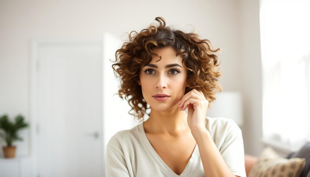 A curly-haired woman with a focused expression stands in a well-lit home setting, demonstrating a simple technique for creating natural-looking waves in her hair without the use of a curling iron. Soft, diffused lighting from a nearby window illuminates the scene, casting gentle shadows and highlights that accentuate the texture and movement of her hairstyle. The background is a clean, minimalist interior, allowing the subject to be the center of attention. The overall mood is one of approachability and practicality, inviting the viewer to try the featured hair-styling method themselves. A curly-haired woman with a focused expression stands in a well-lit home setting, demonstrating a simple technique for creating natural-looking waves in her hair without the use of a curling iron. Soft, diffused lighting from a nearby window illuminates the scene, casting gentle shadows and highlights that accentuate the texture and movement of her hairstyle. The background is a clean, minimalist interior, allowing the subject to be the center of attention. The overall mood is one of approachability and practicality, inviting the viewer to try the featured hair-styling method themselves.