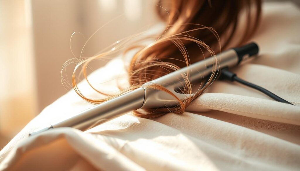 A delicate hair curling iron resting on a soft, fabric-draped surface. Warm, natural light casts a gentle glow, highlighting the iron's sleek, silver-toned body and the wispy strands of hair cascading gracefully around it. The background is subtly blurred, allowing the curling iron to take center stage, showcasing its refined design and the care it promises to deliver when styling delicate, fragile locks. The overall mood is one of sophistication and thoughtful consideration for hair health. A delicate hair curling iron resting on a soft, fabric-draped surface. Warm, natural light casts a gentle glow, highlighting the iron's sleek, silver-toned body and the wispy strands of hair cascading gracefully around it. The background is subtly blurred, allowing the curling iron to take center stage, showcasing its refined design and the care it promises to deliver when styling delicate, fragile locks. The overall mood is one of sophistication and thoughtful consideration for hair health.
