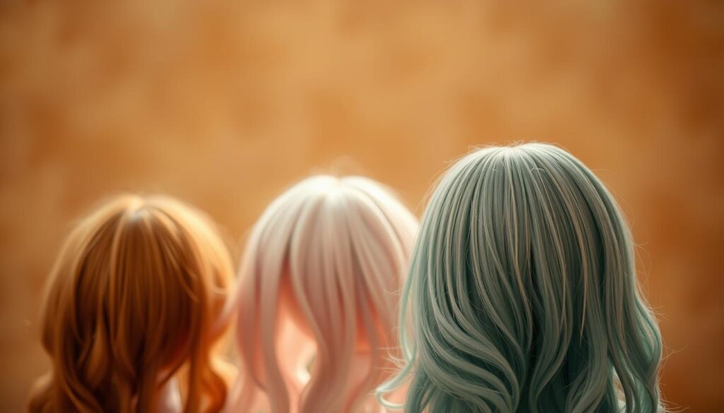 A delicate, soft-focused portrait of children's wigs, illuminated by gentle, diffused lighting. The wigs are displayed in the foreground, showcasing their vibrant, natural-looking colors and silky textures. In the middle ground, a blurred backdrop of warm, earthy tones creates a serene, comforting atmosphere. The composition emphasizes the wigs' lifelike quality and child-friendly aesthetic, conveying a sense of care, empathy and attention to detail. The overall mood is one of tenderness, compassion and the importance of supporting children's well-being through high-quality solutions. A delicate, soft-focused portrait of children's wigs, illuminated by gentle, diffused lighting. The wigs are displayed in the foreground, showcasing their vibrant, natural-looking colors and silky textures. In the middle ground, a blurred backdrop of warm, earthy tones creates a serene, comforting atmosphere. The composition emphasizes the wigs' lifelike quality and child-friendly aesthetic, conveying a sense of care, empathy and attention to detail. The overall mood is one of tenderness, compassion and the importance of supporting children's well-being through high-quality solutions.