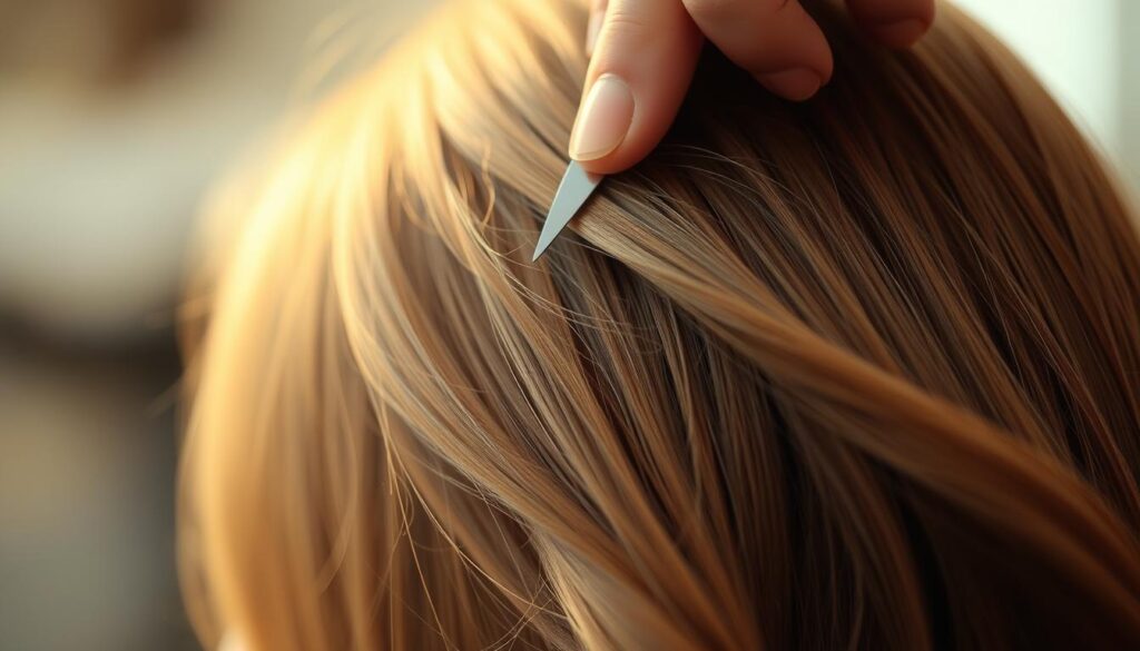 A detailed close-up of a model's hair being skillfully thinned and layered, capturing the intricate techniques of professional hairstyling. The image showcases the carefully controlled snipping and texturizing of the strands, creating a soft, feathered effect that adds depth and movement to the hairstyle. Warm, diffused lighting subtly highlights the varying tones and textures of the hair, while a shallow depth of field isolates the focal point and emphasizes the artistry of the hairstylist's work. The overall mood is one of refined elegance and precision, reflecting the delicate nature of the hairstyling process. A detailed close-up of a model's hair being skillfully thinned and layered, capturing the intricate techniques of professional hairstyling. The image showcases the carefully controlled snipping and texturizing of the strands, creating a soft, feathered effect that adds depth and movement to the hairstyle. Warm, diffused lighting subtly highlights the varying tones and textures of the hair, while a shallow depth of field isolates the focal point and emphasizes the artistry of the hairstylist's work. The overall mood is one of refined elegance and precision, reflecting the delicate nature of the hairstyling process.