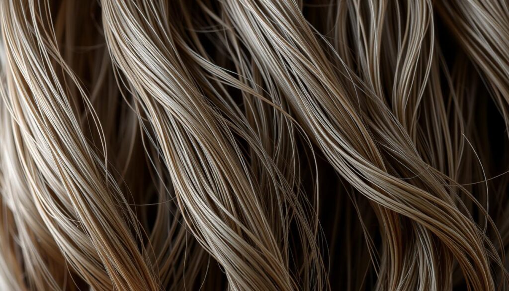 A detailed close-up portrait of human hair strands, showcasing the medium-porosity texture. The hair fibers should appear moderately dense, with a slightly wavy or slightly curly pattern. Utilize soft, even lighting to highlight the hair's dimensional structure, capturing the intricate overlapping of individual cuticles and the semi-reflective sheen of the hair's surface. Render the image with a shallow depth of field, gently blurring the background to emphasize the tactile quality of the hair. The overall mood should convey a sense of refined elegance and natural beauty, reflecting the characteristics of medium-porosity hair. A detailed close-up portrait of human hair strands, showcasing the medium-porosity texture. The hair fibers should appear moderately dense, with a slightly wavy or slightly curly pattern. Utilize soft, even lighting to highlight the hair's dimensional structure, capturing the intricate overlapping of individual cuticles and the semi-reflective sheen of the hair's surface. Render the image with a shallow depth of field, gently blurring the background to emphasize the tactile quality of the hair. The overall mood should convey a sense of refined elegance and natural beauty, reflecting the characteristics of medium-porosity hair.
