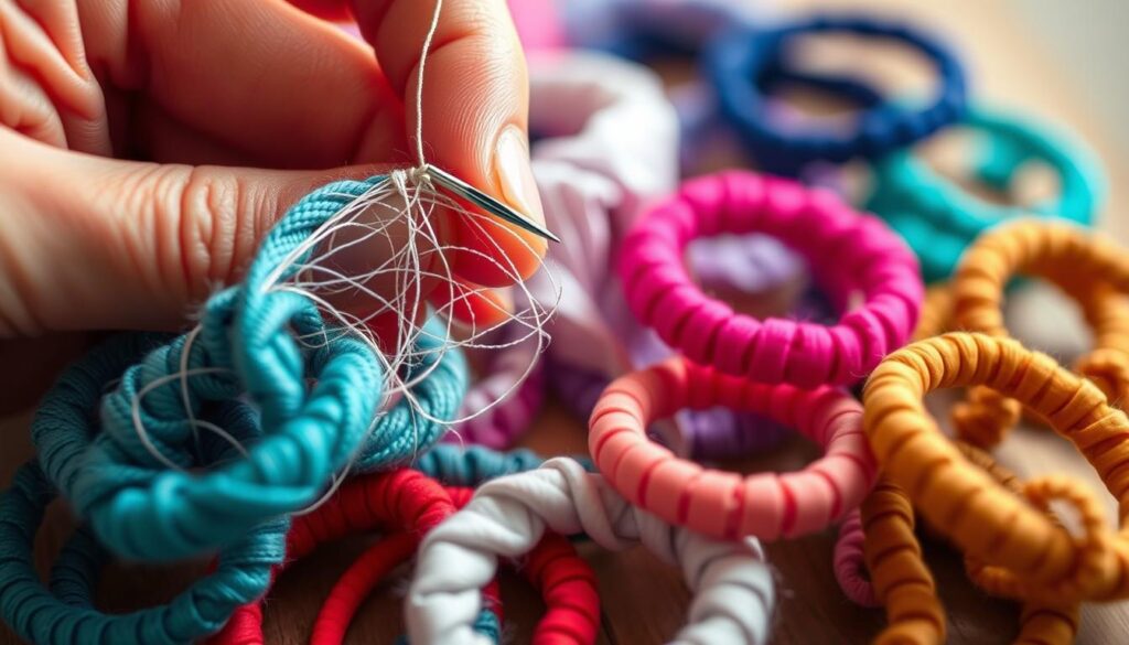 A detailed close-up shot of an assortment of colorful hair elastics, showcasing the intricate process of sewing them together. The foreground features a delicate hand carefully stitching the elastics, with the threads creating an intricate web-like pattern. The middle ground shows a variety of hair elastic styles and colors, neatly arranged to highlight the handcrafted nature of the project. The background is softly blurred, maintaining the focus on the sewing process and the finished hair accessories. The lighting is soft and warm, casting a gentle glow on the scene and conveying a sense of calm and creativity. The overall mood is one of DIY craftsmanship and the joy of making something unique for one's own hair. A detailed close-up shot of an assortment of colorful hair elastics, showcasing the intricate process of sewing them together. The foreground features a delicate hand carefully stitching the elastics, with the threads creating an intricate web-like pattern. The middle ground shows a variety of hair elastic styles and colors, neatly arranged to highlight the handcrafted nature of the project. The background is softly blurred, maintaining the focus on the sewing process and the finished hair accessories. The lighting is soft and warm, casting a gentle glow on the scene and conveying a sense of calm and creativity. The overall mood is one of DIY craftsmanship and the joy of making something unique for one's own hair.
