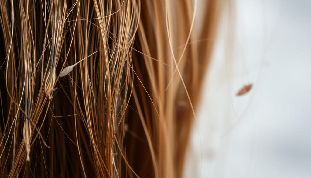 A detailed close-up view of the damaged hair strands, showing the effects of common causes of hair breakage and brittleness. The foreground depicts the split ends, thinning, and uneven texture of the hair in vivid detail, capturing the problem at a microscopic level. The middle ground showcases the underlying factors leading to this issue, such as chemical treatments, excessive heat styling, and nutritional deficiencies, presented as symbolic visual elements. The background subtly suggests a soothing, natural environment to create a sense of calm and restoration. The lighting is soft and diffused, emphasizing the delicate nature of the hair. The overall mood is one of introspection and the desire to understand and remedy the problem. A detailed close-up view of the damaged hair strands, showing the effects of common causes of hair breakage and brittleness. The foreground depicts the split ends, thinning, and uneven texture of the hair in vivid detail, capturing the problem at a microscopic level. The middle ground showcases the underlying factors leading to this issue, such as chemical treatments, excessive heat styling, and nutritional deficiencies, presented as symbolic visual elements. The background subtly suggests a soothing, natural environment to create a sense of calm and restoration. The lighting is soft and diffused, emphasizing the delicate nature of the hair. The overall mood is one of introspection and the desire to understand and remedy the problem.