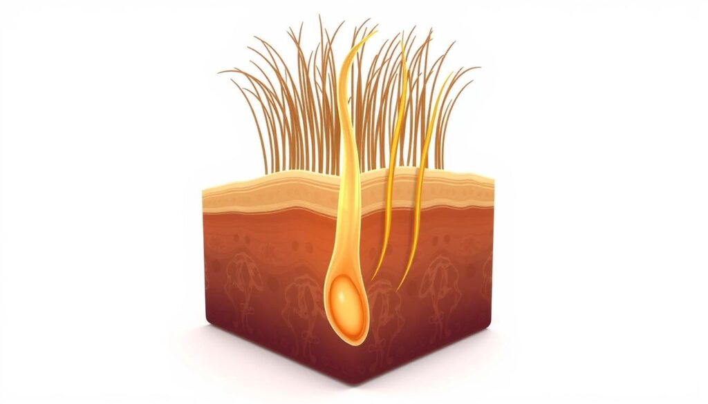 A detailed cross-section of the hair growth cycle, showcasing the different stages of a single hair strand. Crisp, scientific illustration-style rendering with a clean, minimal background. The hair follicle, bulb, and shaft are visible, along with the phases of anagen, catagen, and telogen. Warm, neutral color palette with subtle shadows and highlights to emphasize the structure. Precise, technical angles and perspective to provide a clear, anatomical view. Serene, educational atmosphere to complement the instructional nature of the image. A detailed cross-section of the hair growth cycle, showcasing the different stages of a single hair strand. Crisp, scientific illustration-style rendering with a clean, minimal background. The hair follicle, bulb, and shaft are visible, along with the phases of anagen, catagen, and telogen. Warm, neutral color palette with subtle shadows and highlights to emphasize the structure. Precise, technical angles and perspective to provide a clear, anatomical view. Serene, educational atmosphere to complement the instructional nature of the image.