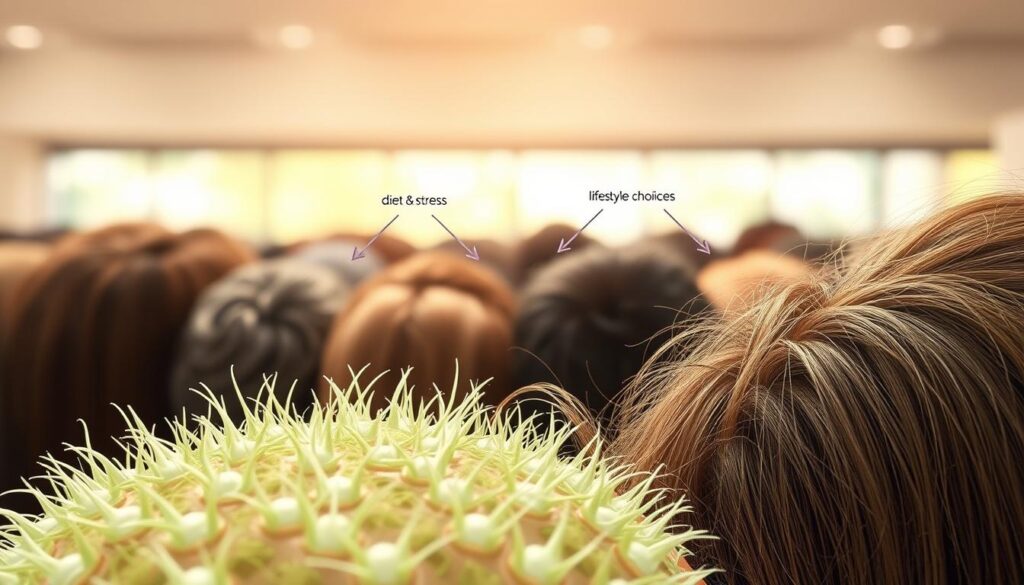 A detailed illustration showcasing all the key factors influencing hair growth rate. In the foreground, a close-up of healthy hair follicles, depicting the intricate biological processes that regulate growth and shedding. In the middle ground, a stylized representation of external influences like diet, stress, hormones, and lifestyle choices. The background features a blurred panorama of diverse hair types, textures, and colors to convey the universality of these growth factors. The scene is lit by a warm, natural light, creating a serene, educational atmosphere. The composition is balanced and visually striking, designed to clearly communicate the complex, interconnected nature of hair growth dynamics. A detailed illustration showcasing all the key factors influencing hair growth rate. In the foreground, a close-up of healthy hair follicles, depicting the intricate biological processes that regulate growth and shedding. In the middle ground, a stylized representation of external influences like diet, stress, hormones, and lifestyle choices. The background features a blurred panorama of diverse hair types, textures, and colors to convey the universality of these growth factors. The scene is lit by a warm, natural light, creating a serene, educational atmosphere. The composition is balanced and visually striking, designed to clearly communicate the complex, interconnected nature of hair growth dynamics.