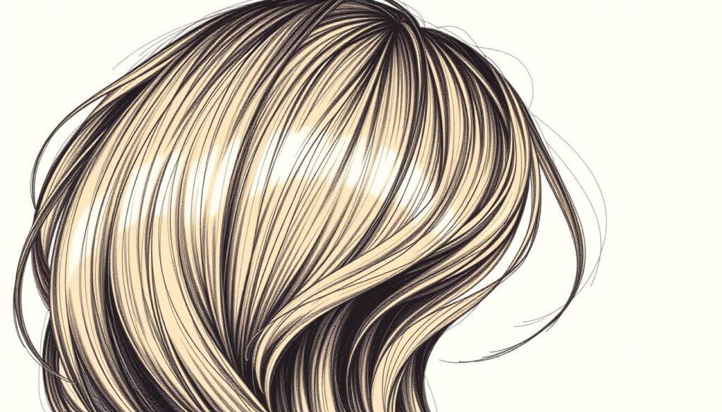 A detailed, realistic hand-drawn illustration of a person's hair, showcasing various shading and highlighting techniques. The hair should be rendered with meticulous attention to individual strands, textures, and volumes, capturing the natural flow and movement. Utilize a warm, soft lighting setup that casts subtle shadows and highlights, enhancing the depth and dimensionality of the hair. Compose the image in a manner that allows the hair to occupy a prominent, central position, with a clean, neutral background to focus the viewer's attention on the technical mastery of the rendering. Convey a sense of craftsmanship and attention to detail, as if the illustration was created by a skilled artist studying the nuances of hair. A detailed, realistic hand-drawn illustration of a person's hair, showcasing various shading and highlighting techniques. The hair should be rendered with meticulous attention to individual strands, textures, and volumes, capturing the natural flow and movement. Utilize a warm, soft lighting setup that casts subtle shadows and highlights, enhancing the depth and dimensionality of the hair. Compose the image in a manner that allows the hair to occupy a prominent, central position, with a clean, neutral background to focus the viewer's attention on the technical mastery of the rendering. Convey a sense of craftsmanship and attention to detail, as if the illustration was created by a skilled artist studying the nuances of hair.